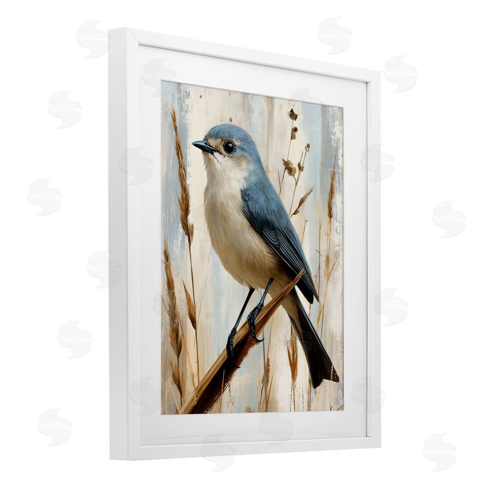 Creative Studio Bluebird on Tall Glass Perch White Framed Print Under Glass with Matting Wall Art