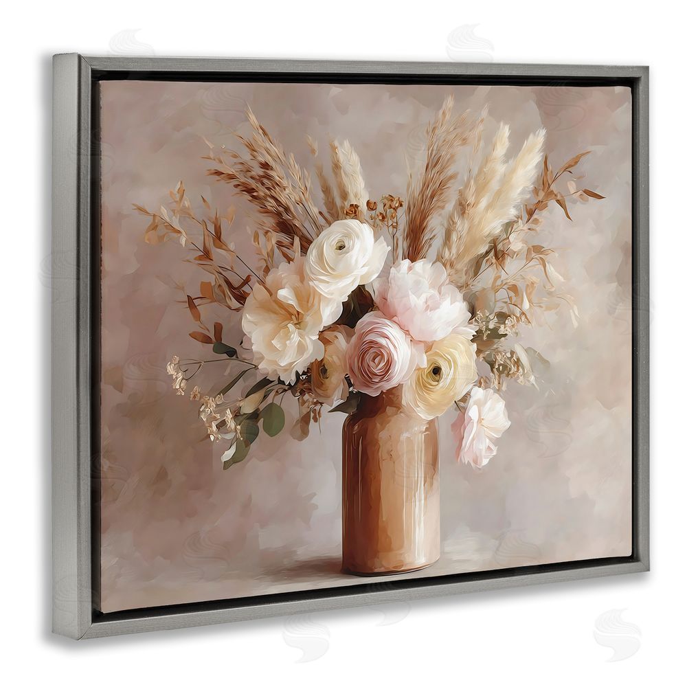 Franklyn Gregory Elegant Wheat Bouquet in Vase Gray Floating Framed Canvas Wall Art