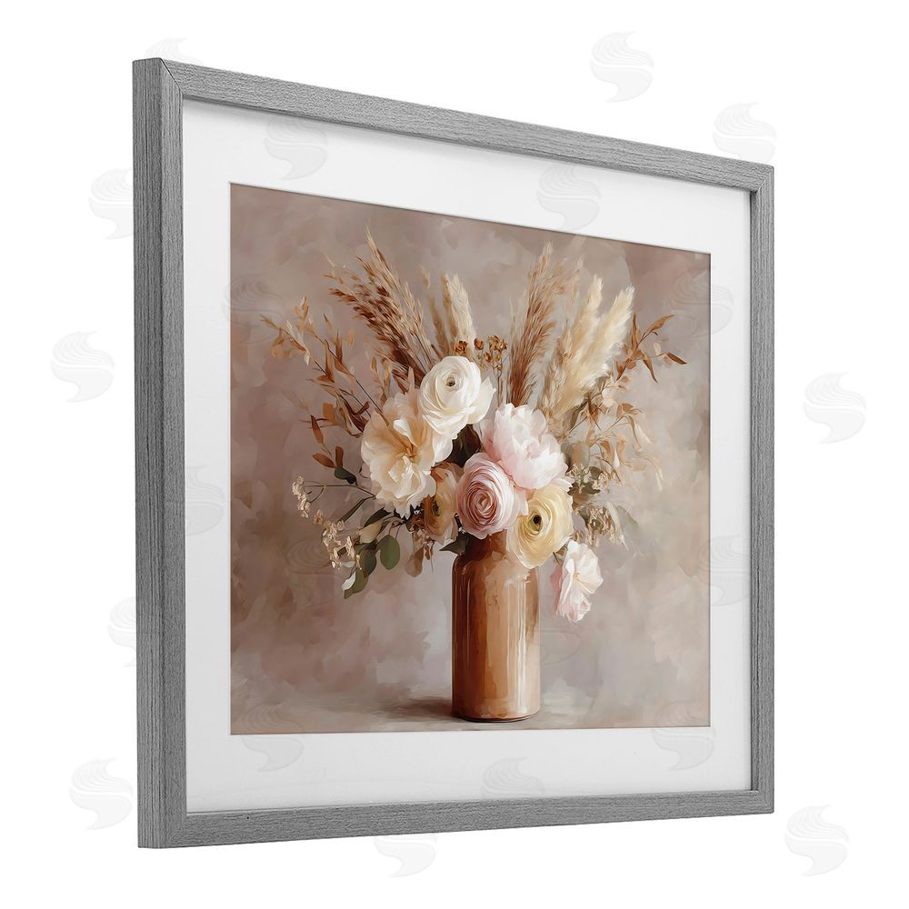 Franklyn Gregory Elegant Wheat Bouquet in Vase Gray Framed Print Under Glass Wall Art