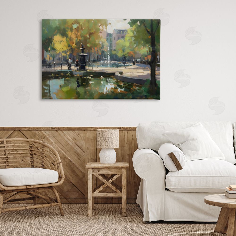 Creative Studio Autumn Reflections at Park Fountain Stretched Canvas Wall Art Print in Room