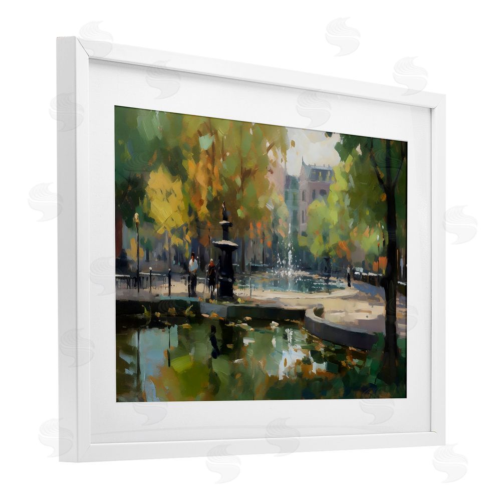 Creative Studio Autumn Reflections at Park Fountain White Framed Print Under Glass with Matting Wall Art
