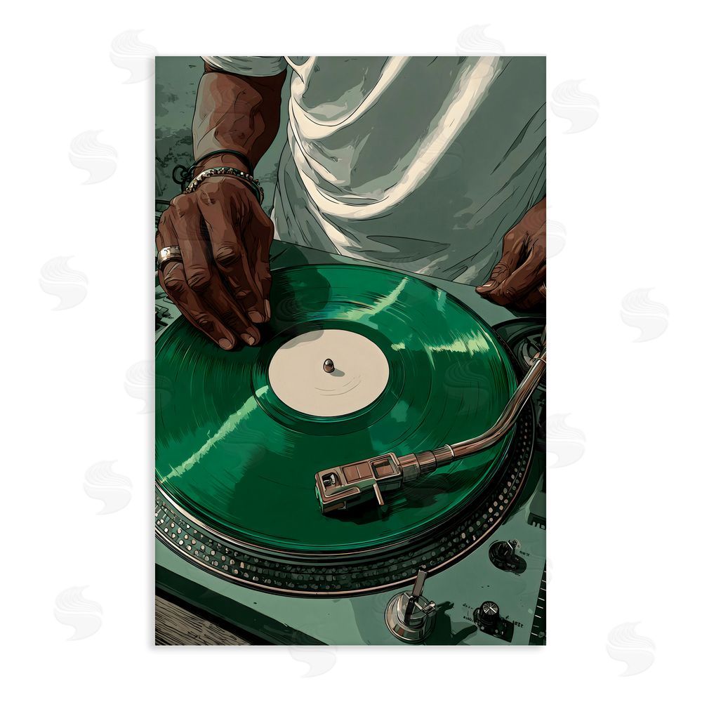 Franklyn Gregory DJ Spinning Green Record Stretched Canvas Wall Art