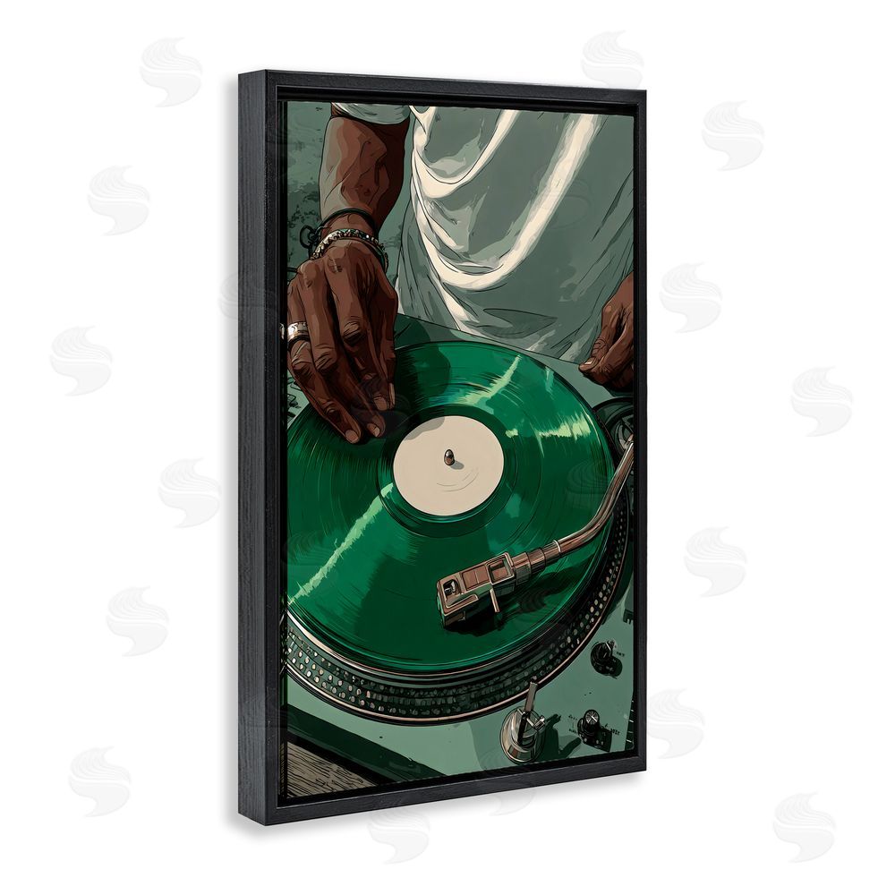 Franklyn Gregory DJ Spinning Green Record Black Floating Frame Canvas Wall Art Print