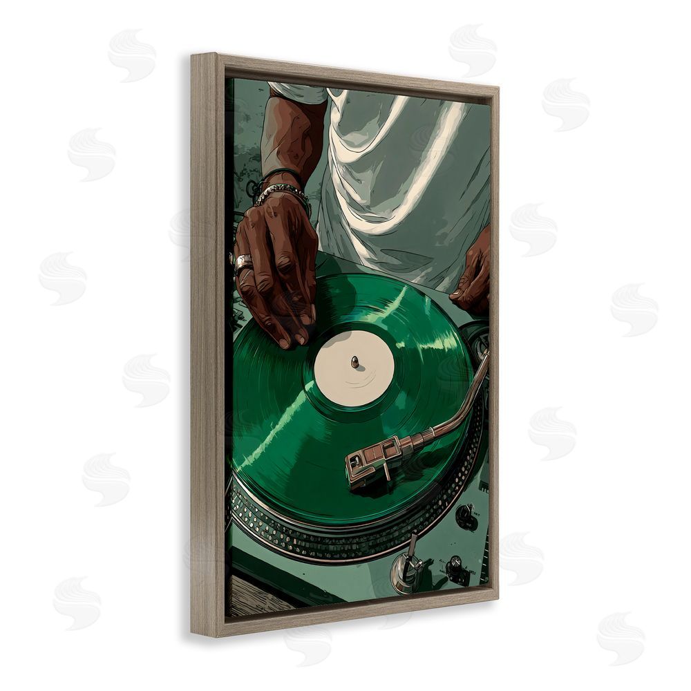 Franklyn Gregory DJ Spinning Green Record Brown Floating Frame Canvas Wall Art Print