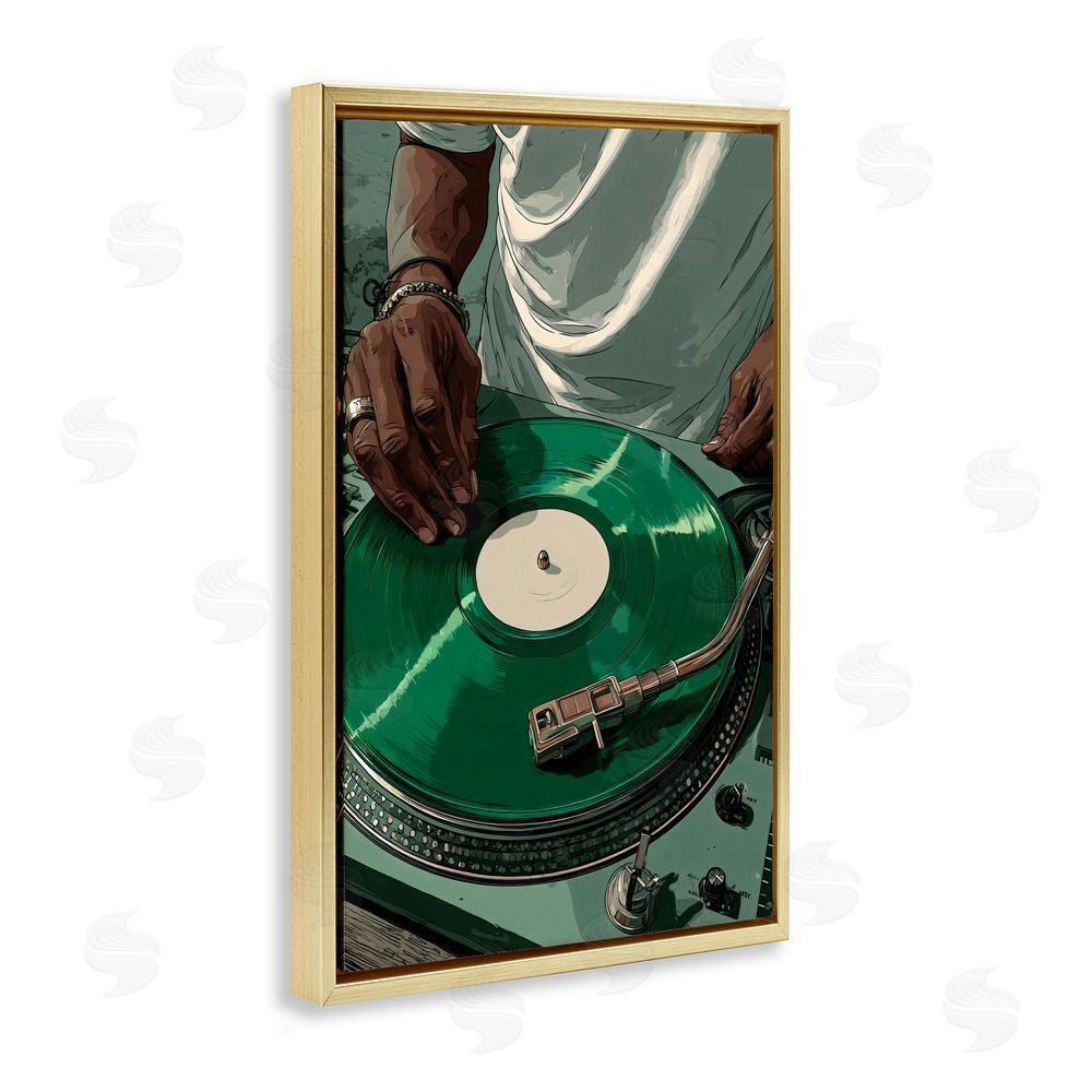 Franklyn Gregory DJ Spinning Green Record Gold Floating Frame Canvas Wall Art Print