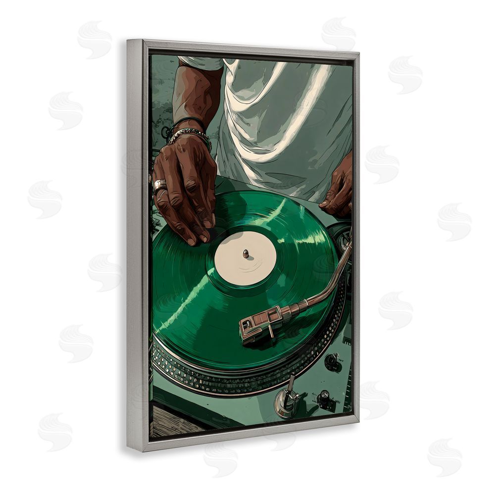 Franklyn Gregory DJ Spinning Green Record Gray Floating Frame Canvas Wall Art Print
