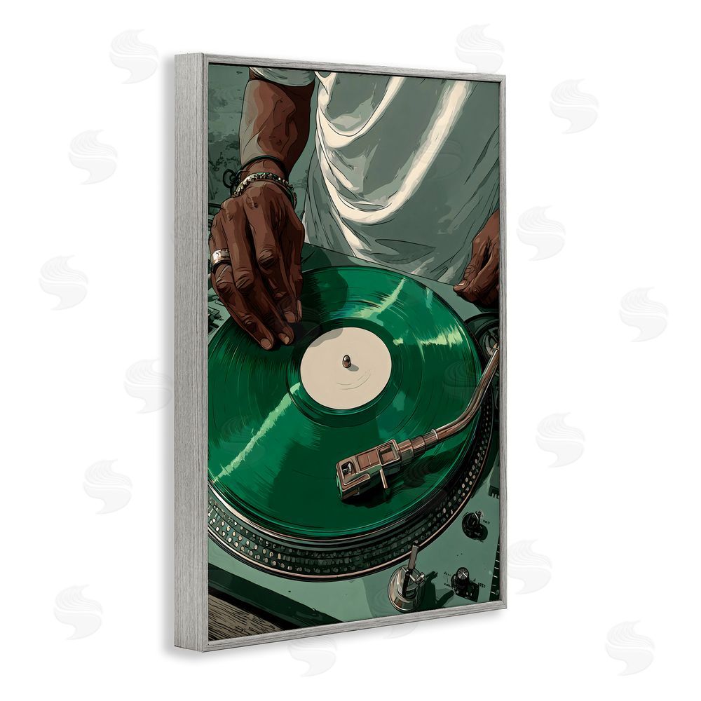 Franklyn Gregory DJ Spinning Green Record Gray Framed Giclee Wall Art Print