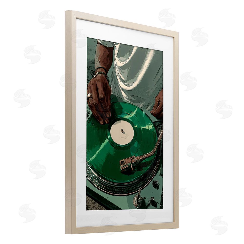 Franklyn Gregory DJ Spinning Green Record Brown Framed Print Under Glass Wall Art