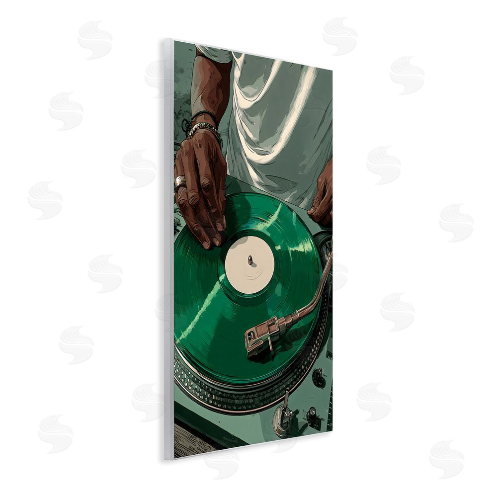 Franklyn Gregory DJ Spinning Green Record Wall Plaque with Fixed Lithograph Print