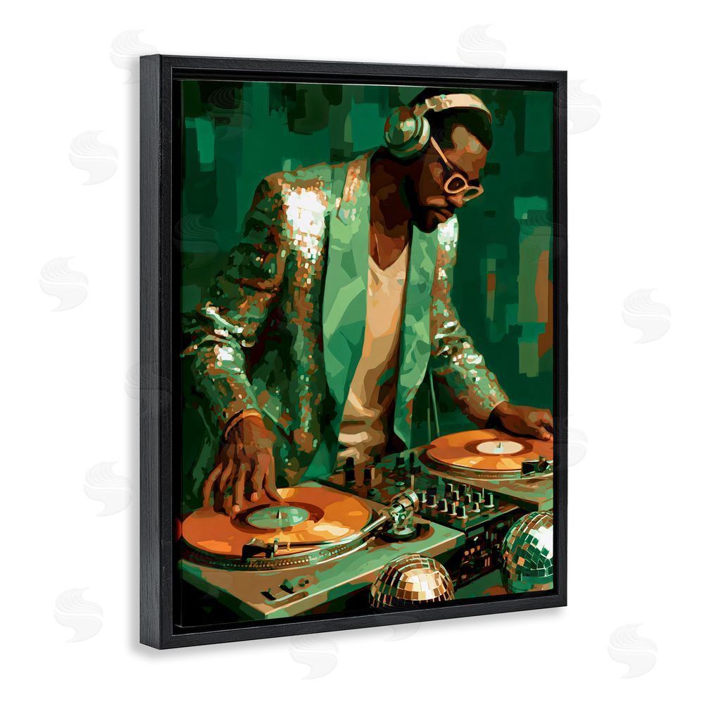 Franklyn Gregory Green Disco DJ Music Black Floating Framed Canvas Wall Art