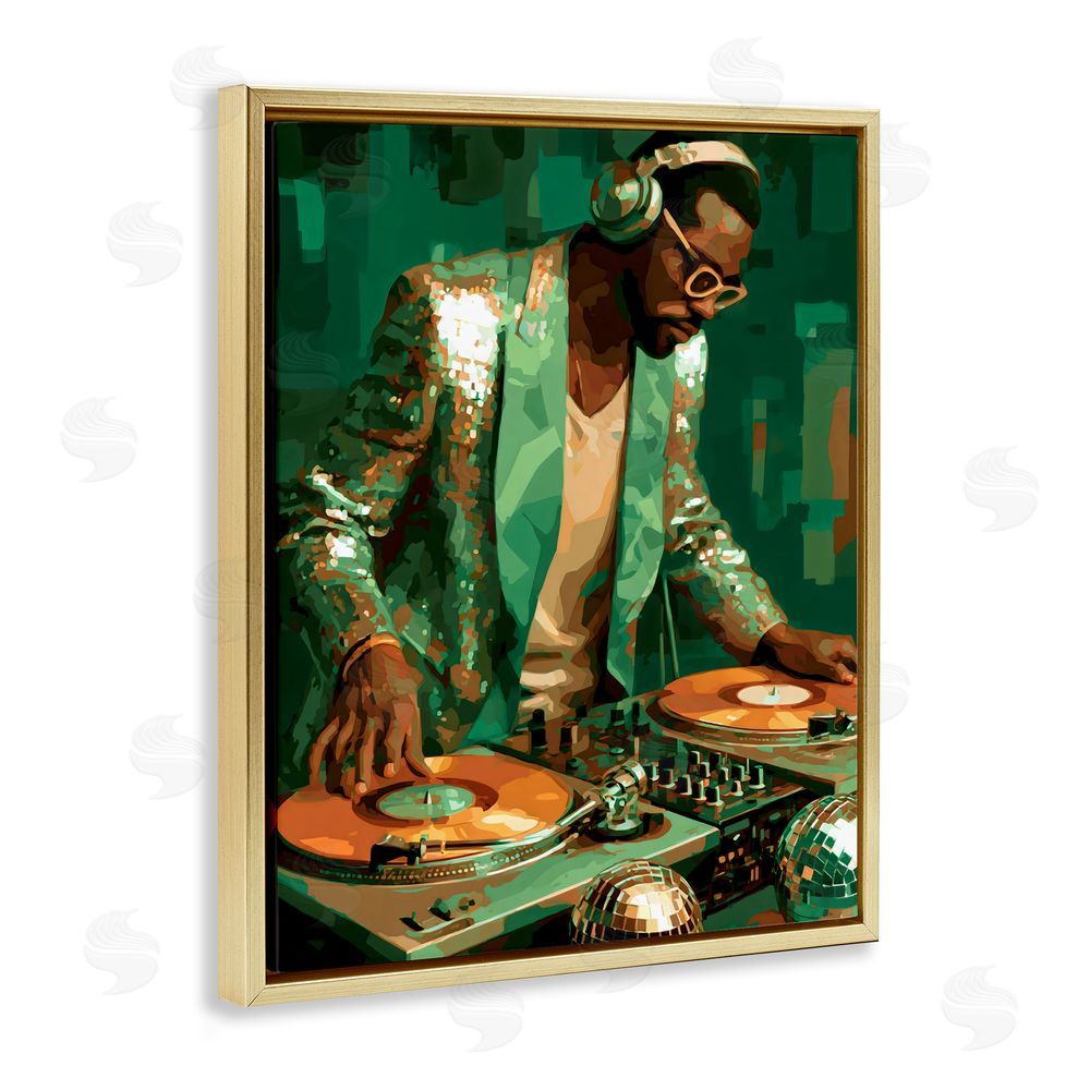 Franklyn Gregory Green Disco DJ Music Gold Floating Framed Canvas Wall Art