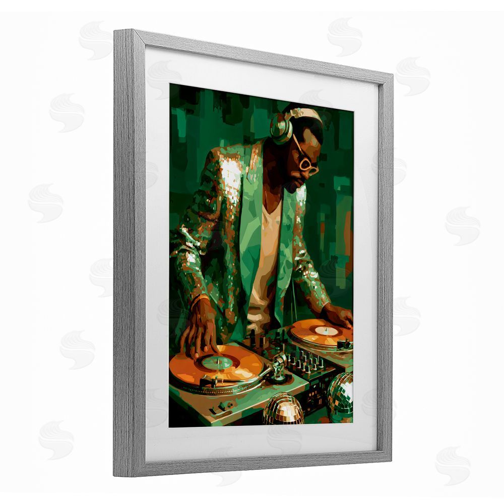 Franklyn Gregory Green Disco DJ Music Gray Framed Print Under Glass Wall Art