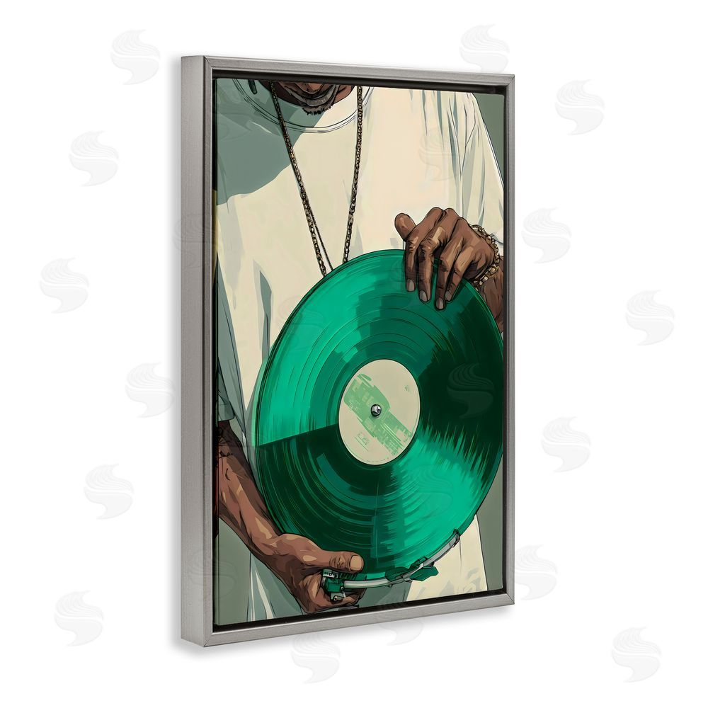 Franklyn Gregory Green Vinyl Record Portrait Gray Floating Framed Canvas Wall Art