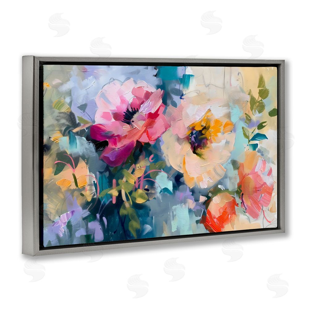 Creative Studio Vibrant Florals Brushed Abstract Gray Floating Framed Canvas Wall Art Print