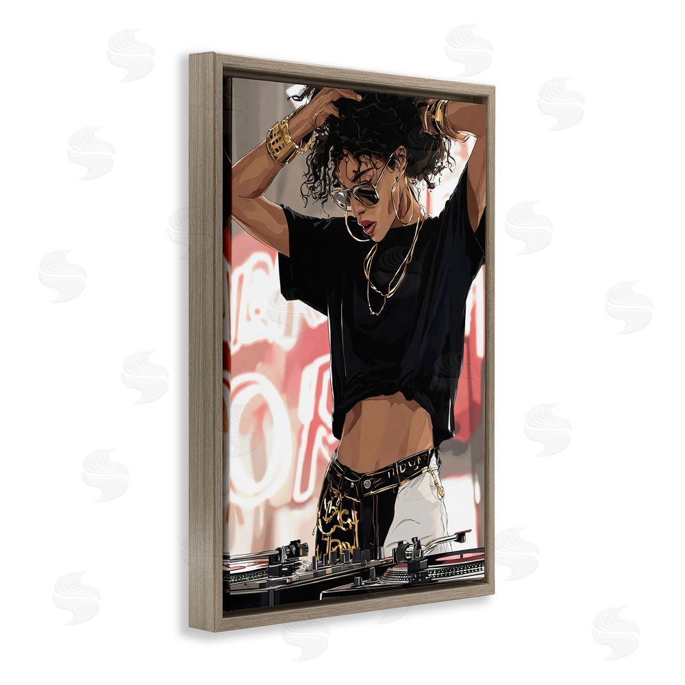 Franklyn Gregory Trendy Female DJ Musician Brown Floating Framed Canvas Wall Art Print