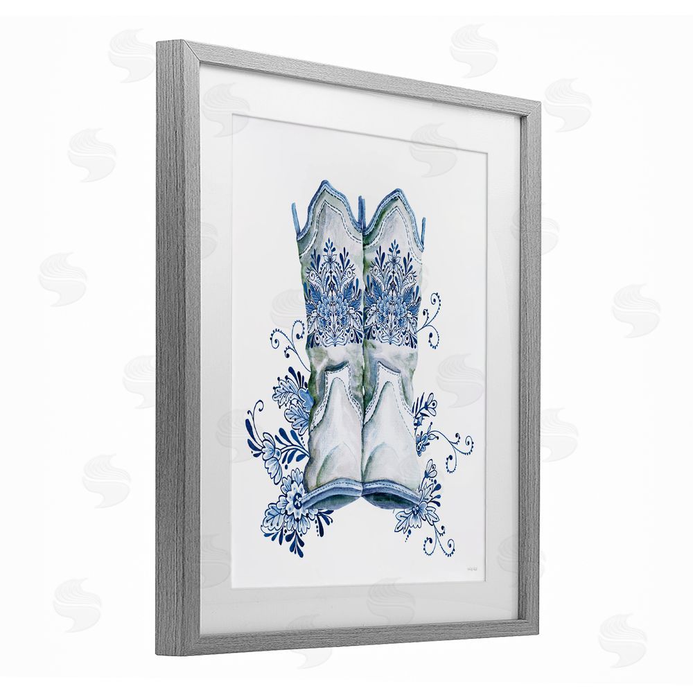 Cindy Jacobs Indigo Bloom Boots Gray Framed Print Under Glass Wall Art