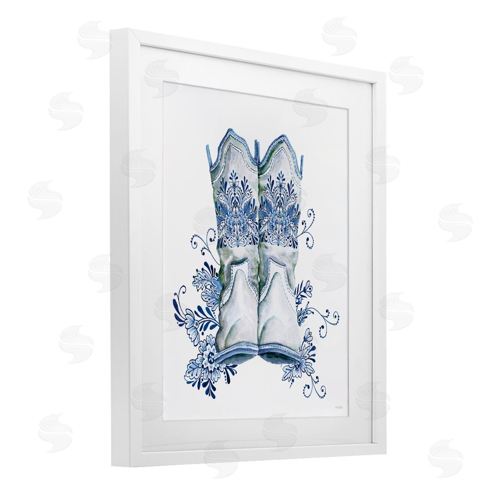 Cindy Jacobs Indigo Bloom Boots White Framed Print Under Glass Wall Art
