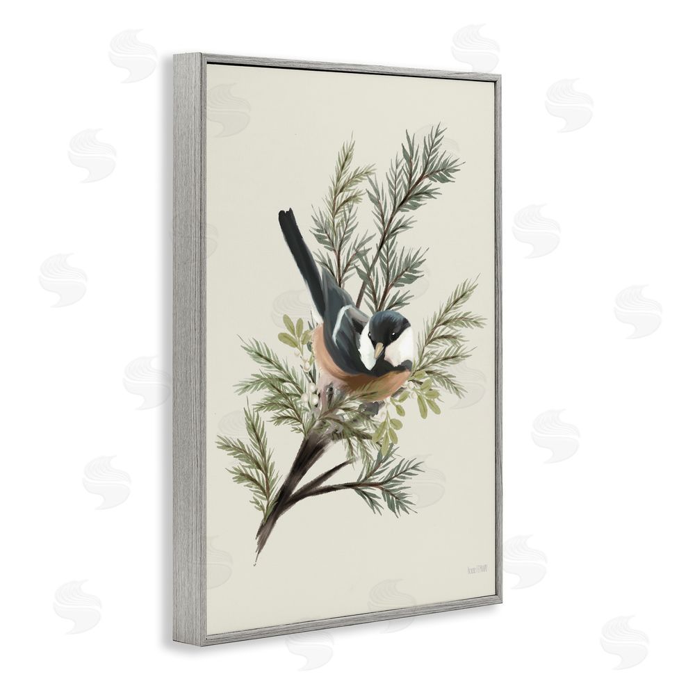 House Fenway Christmas Chickadee on Pine Gray Framed Giclee Wall Art Print