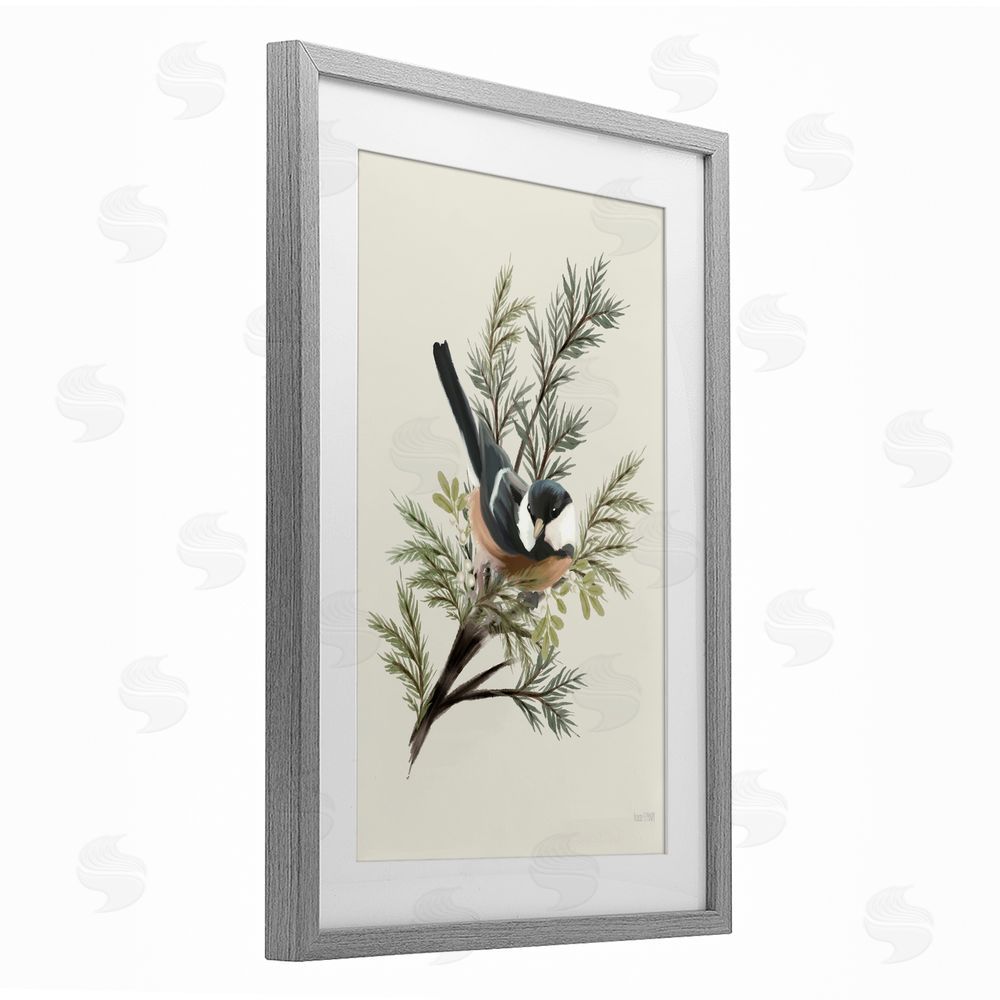 House Fenway Christmas Chickadee on Pine Gray Framed Print Under Glass Wall Art