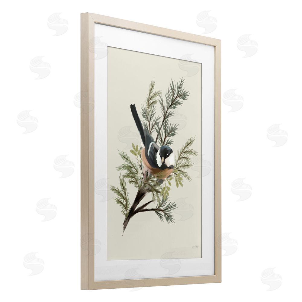 House Fenway Christmas Chickadee on Pine Brown Framed Print Under Glass Wall Art