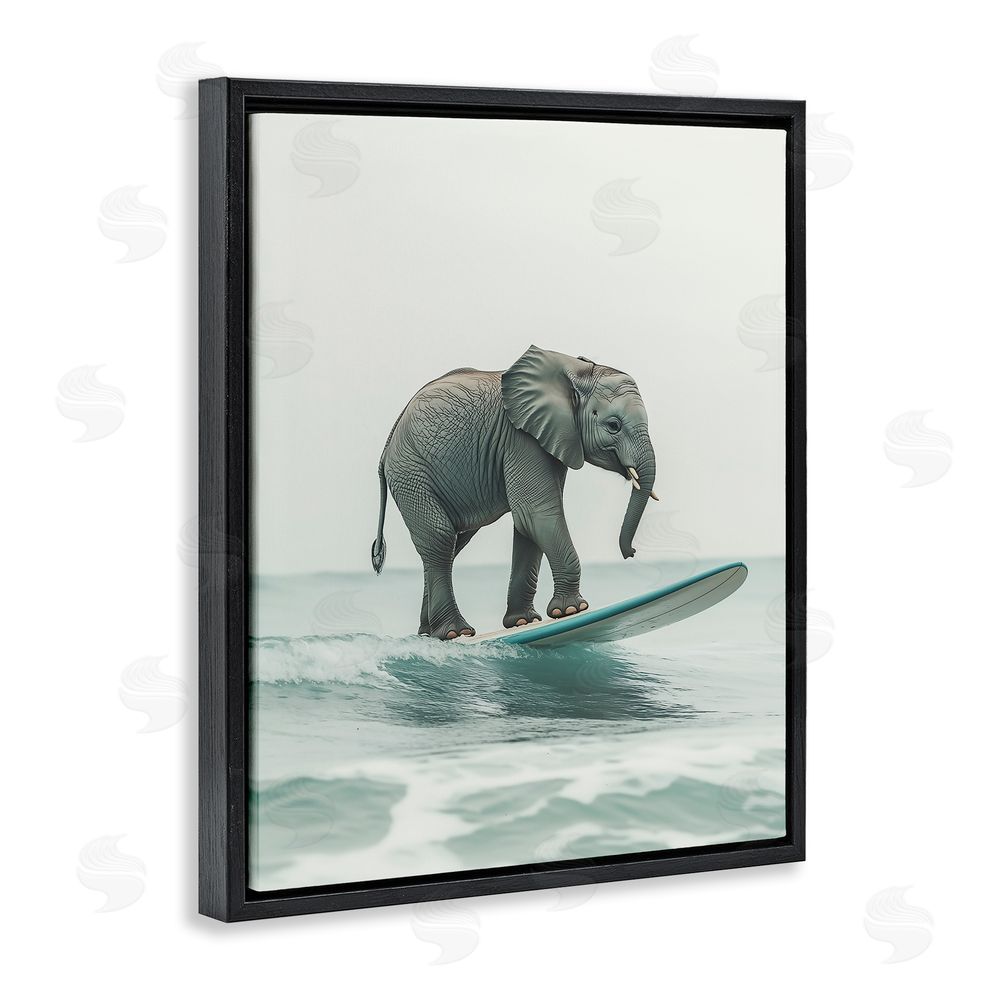 Heidi Kuntz Elephant Riding The Wave Black Floating Frame Canvas Wall Art Print