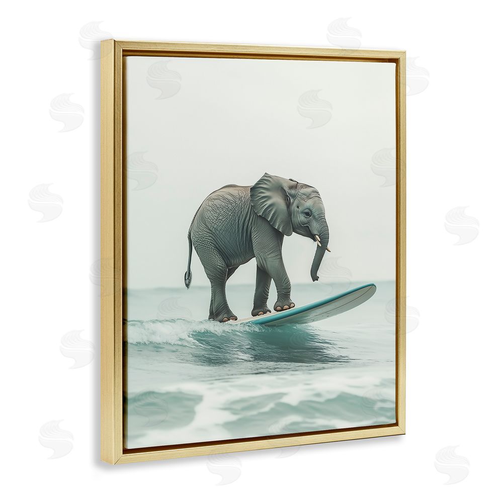 Heidi Kuntz Elephant Riding The Wave Gold Floating Frame Canvas Wall Art Print