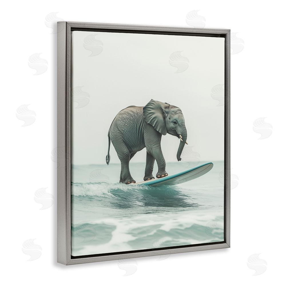 Heidi Kuntz Elephant Riding The Wave Gray Floating Frame Canvas Wall Art Print