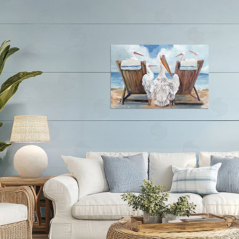 Stellar Design Studio Pelican Party Beachside Lounging Stretched Canvas Wall Art in Room