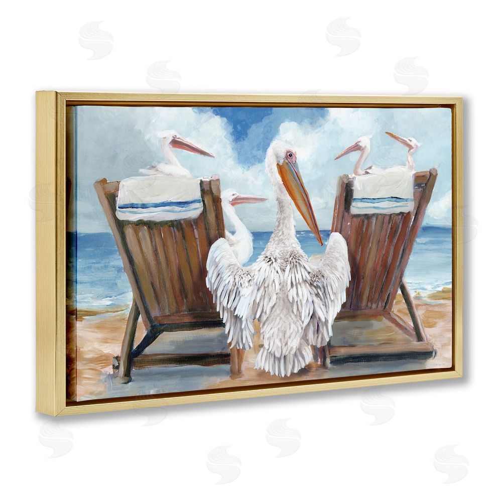 Stellar Design Studio Pelican Party Beachside Lounging Gold Floating Frame Canvas Wall Art Print