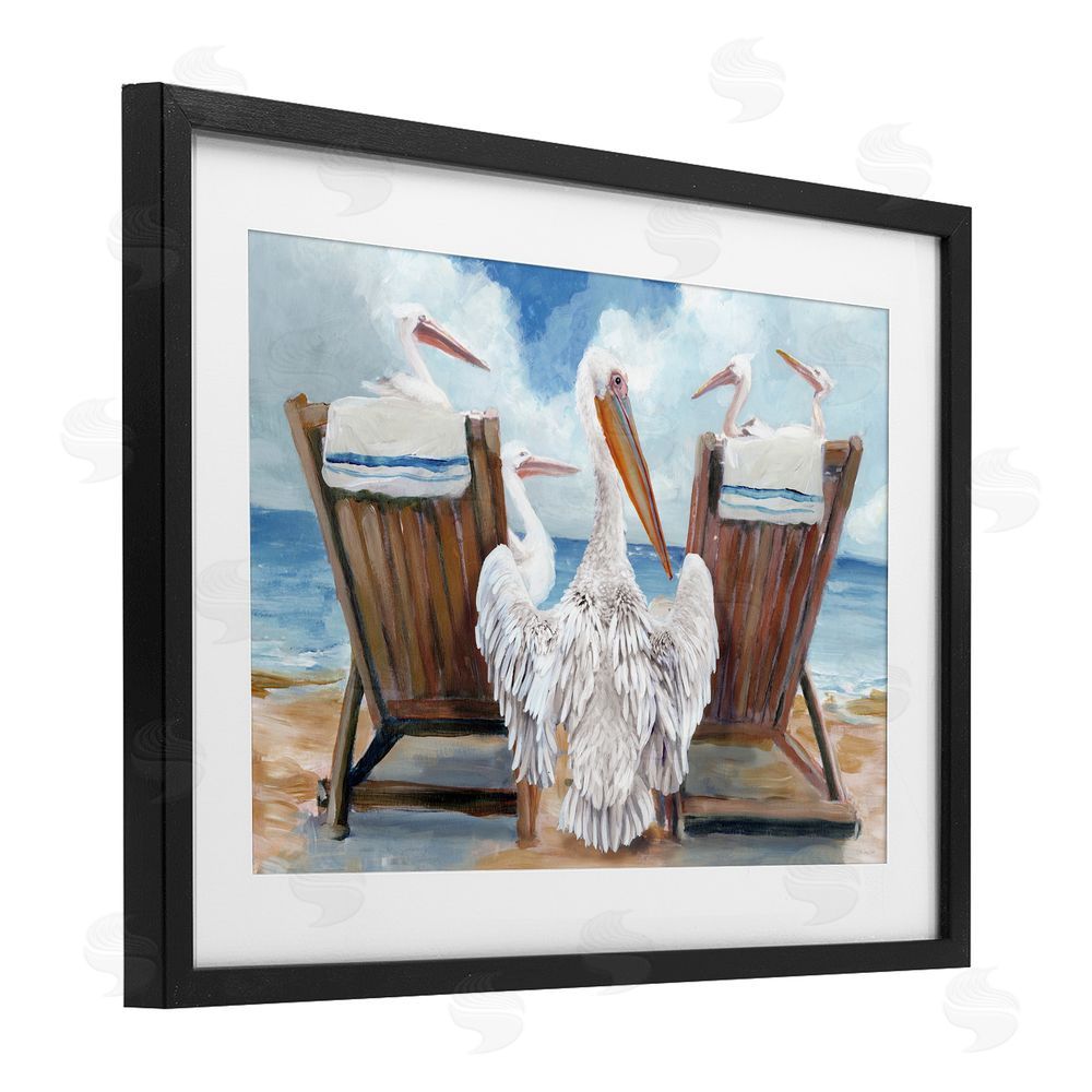 Stellar Design Studio Pelican Party Beachside Lounging Black Framed Print Under Glass Wall Art