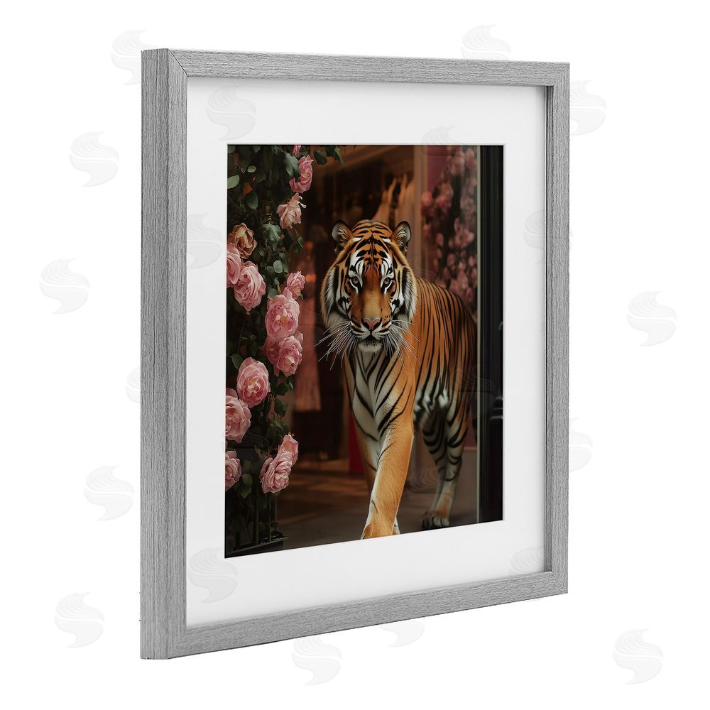 Heidi Kuntz Bengal Tiger Among Roses Gray Framed Print Under Glass Wall Art