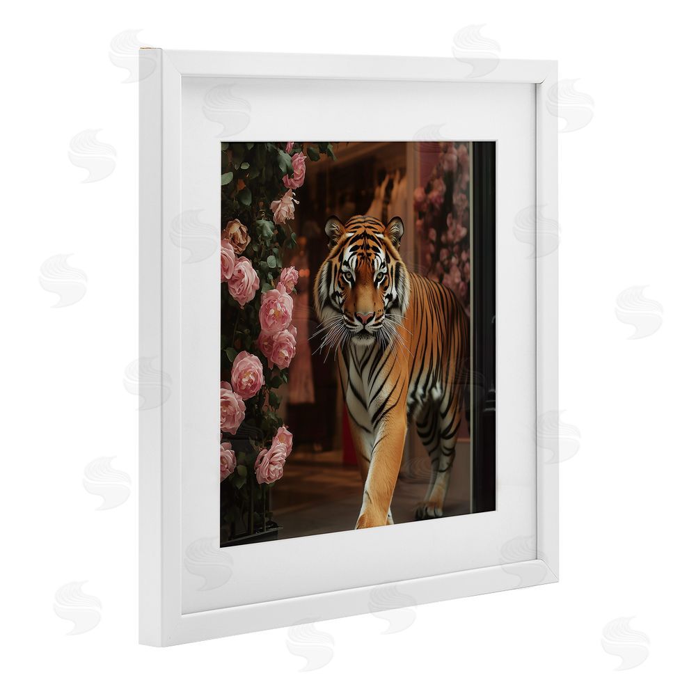 Heidi Kuntz Bengal Tiger Among Roses White Framed Print Under Glass Wall Art