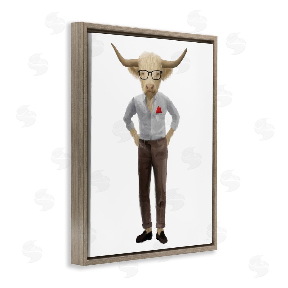 Kamdon Kreations Dapper Highland Hipster Bull Brown Floating Frame Canvas Wall Art Print