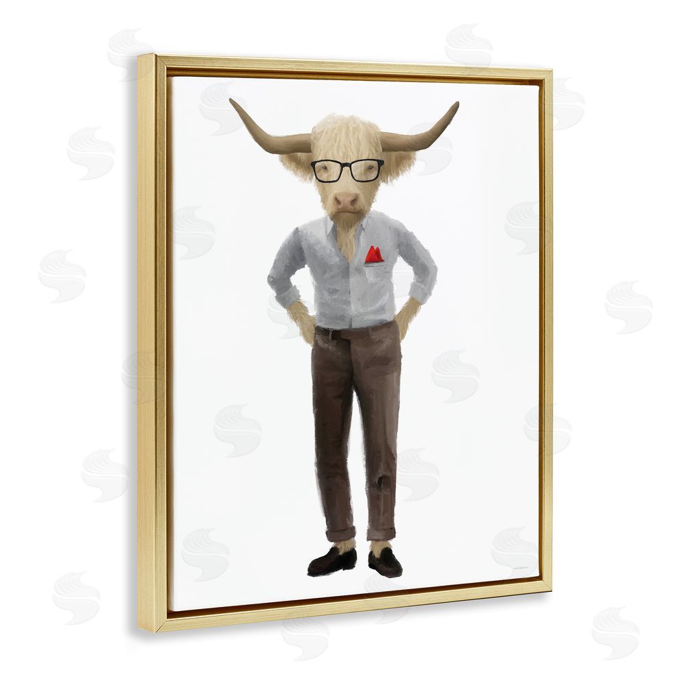 Kamdon Kreations Dapper Highland Hipster Bull Gold Floating Frame Canvas Wall Art Print