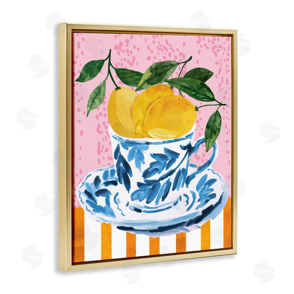 Nicole DeCamp Citrus Lemons Teacup Gold Floating Frame Canvas Wall Art Print