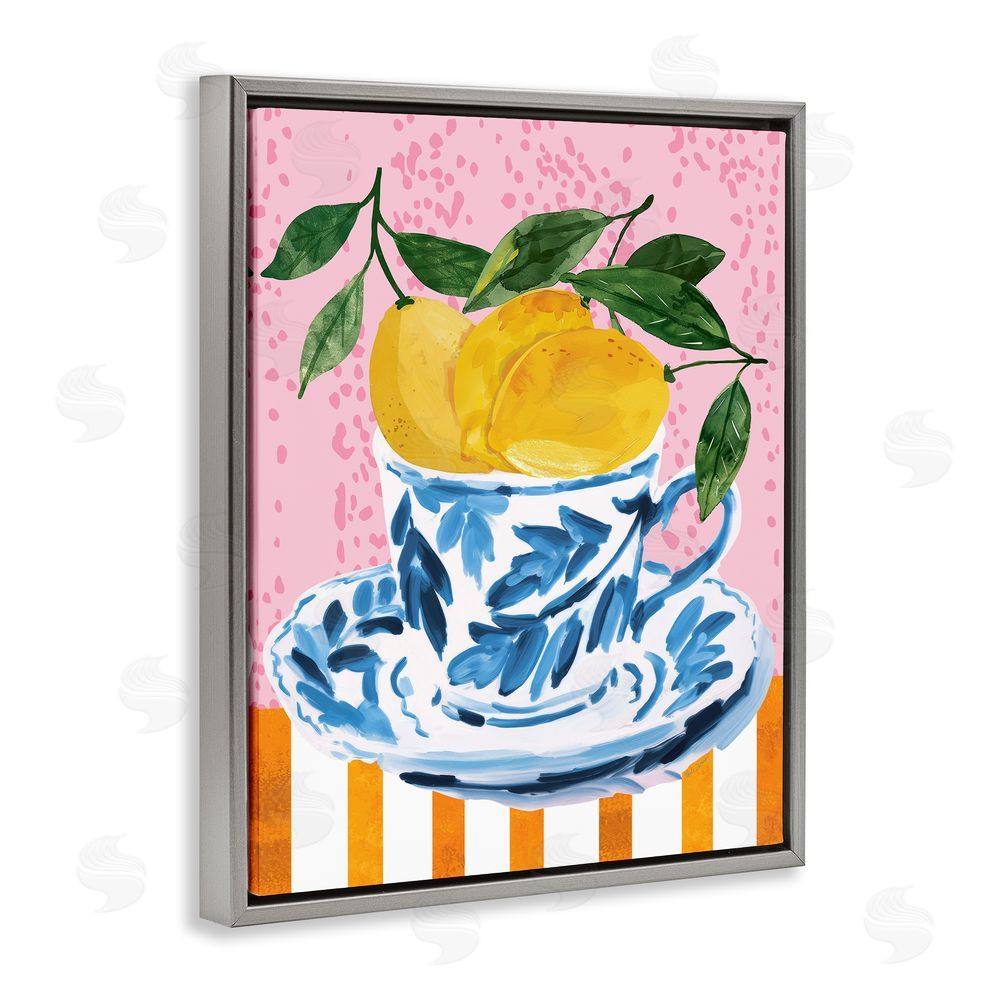 Nicole DeCamp Citrus Lemons Teacup Gray Floating Frame Canvas Wall Art Print