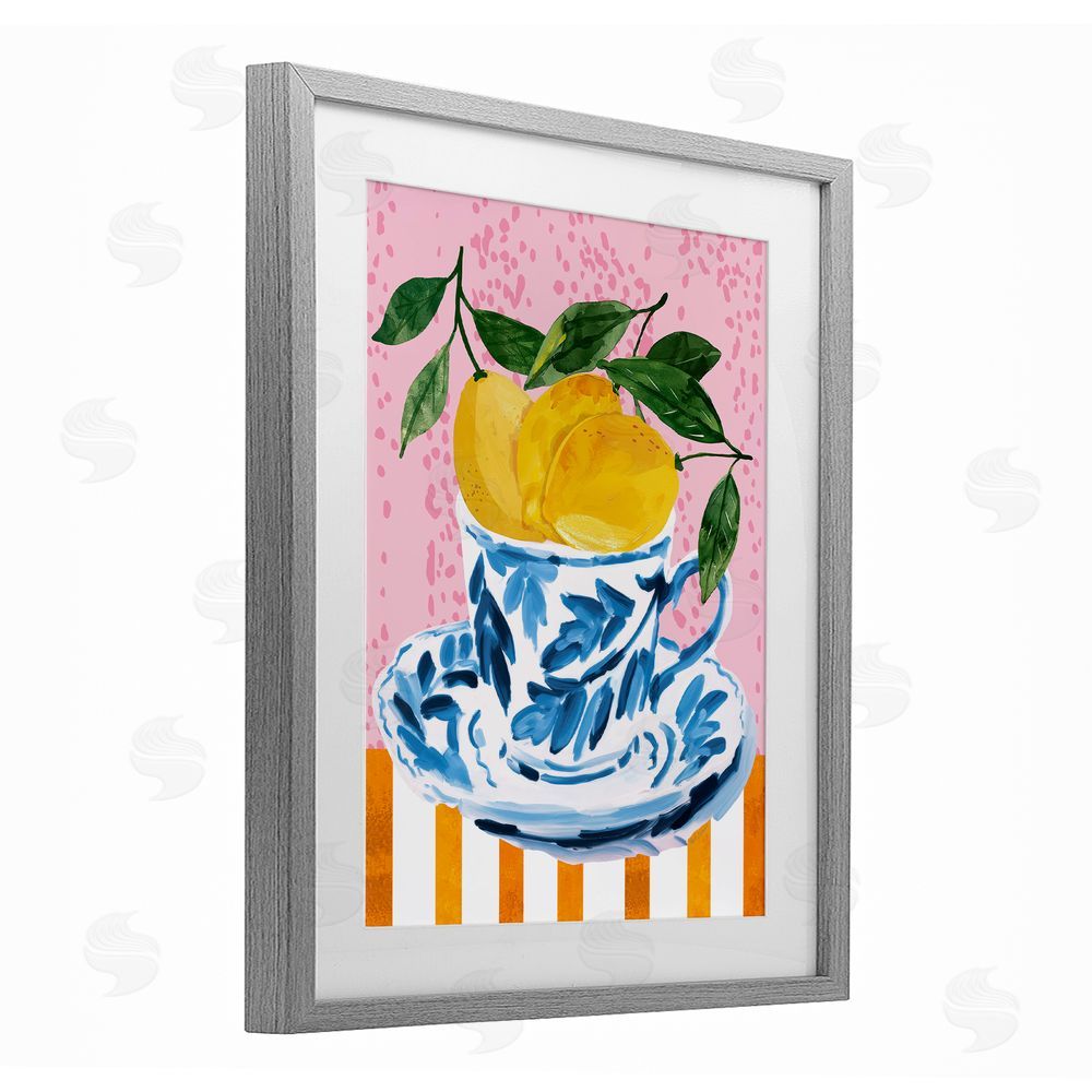 Nicole DeCamp Citrus Lemons Teacup Gray Framed Print Under Glass Wall Art