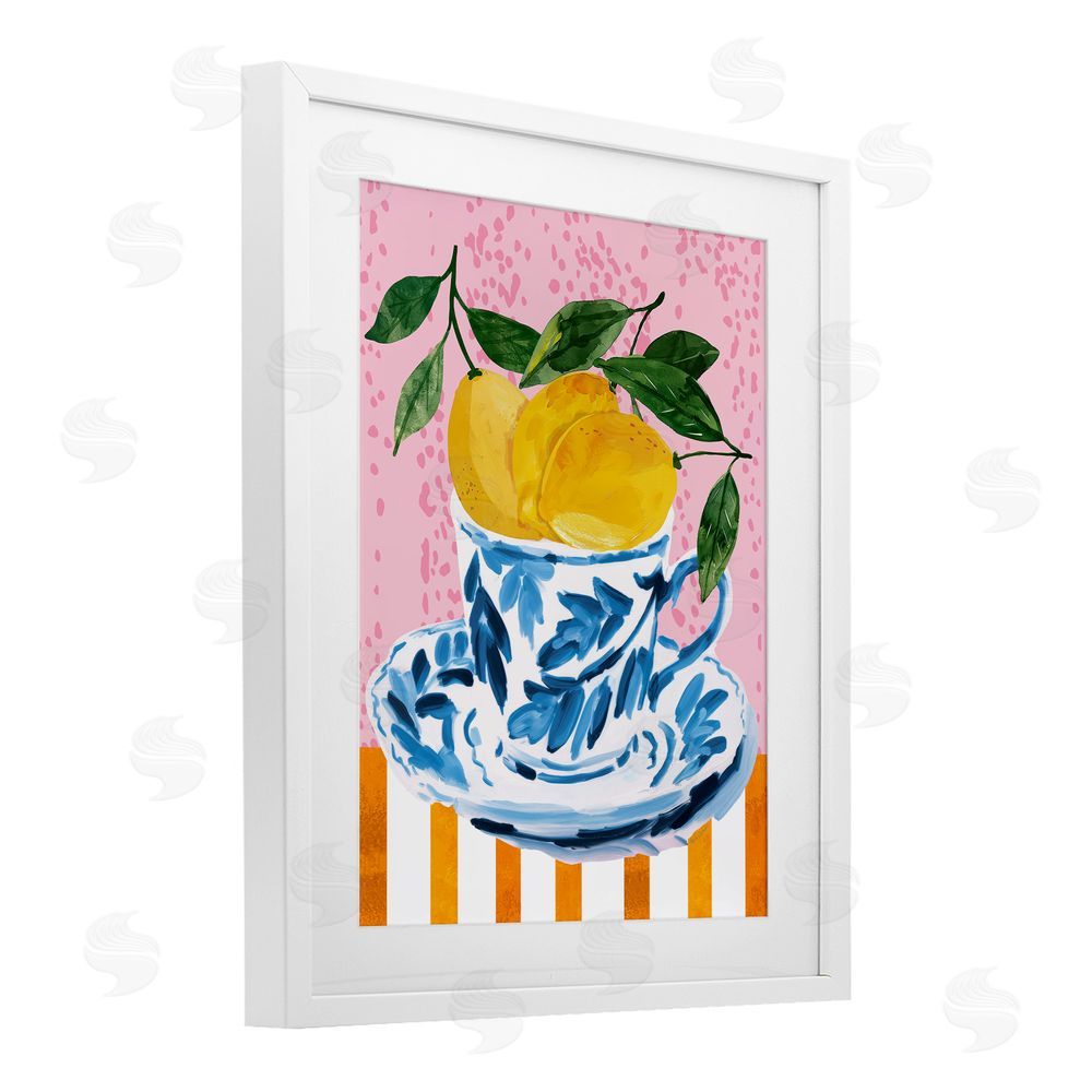 Nicole DeCamp Citrus Lemons Teacup White Framed Print Under Glass Wall Art