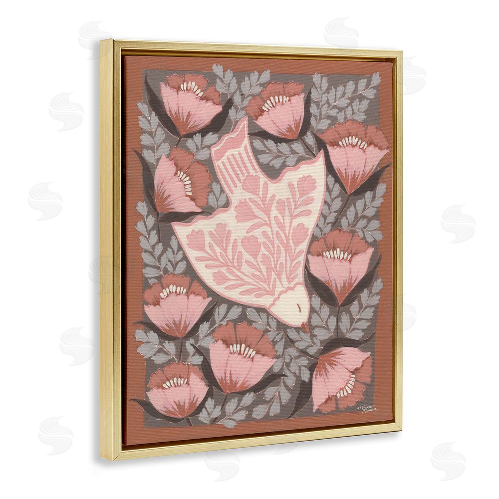 Michele Norman Floral Flight Pink Dove Gold Floating Frame Canvas Wall Art Print