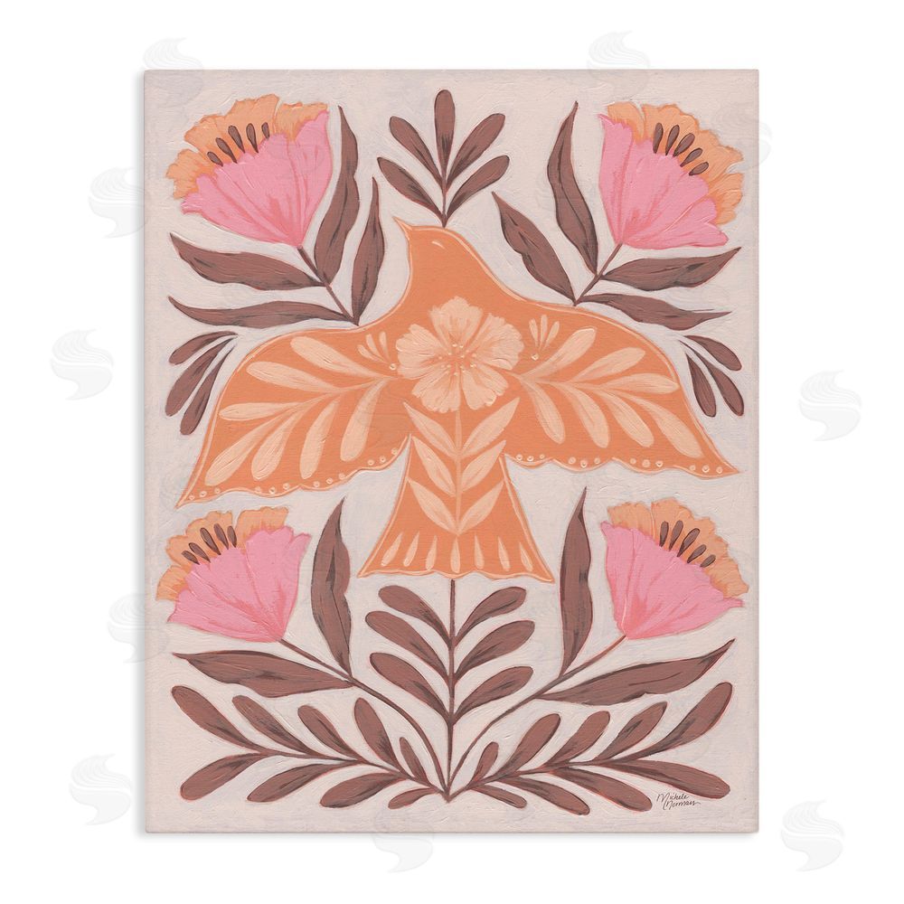 Michele Norman Coral Bird In Floral Flight Stretched Canvas Wall Art Print