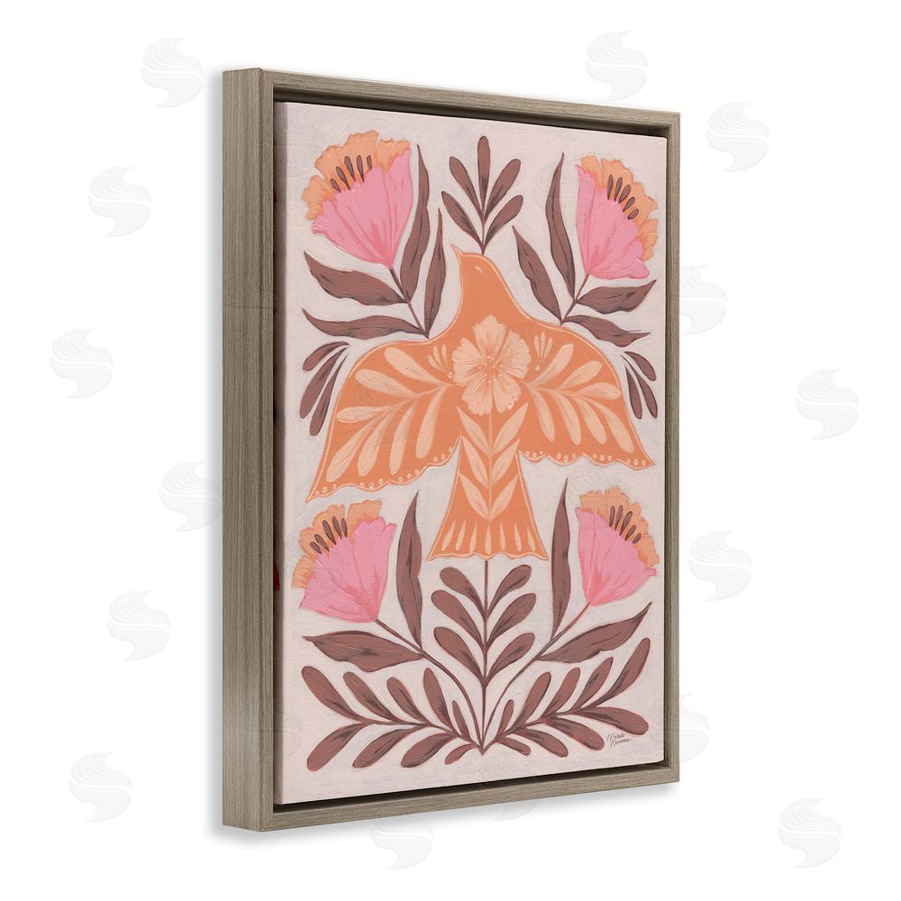 Michele Norman Coral Bird In Floral Flight Brown Floating Frame Canvas Wall Art Print