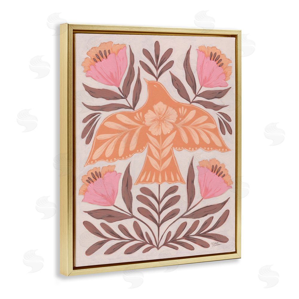 Michele Norman Coral Bird In Floral Flight Gold Floating Frame Canvas Wall Art Print