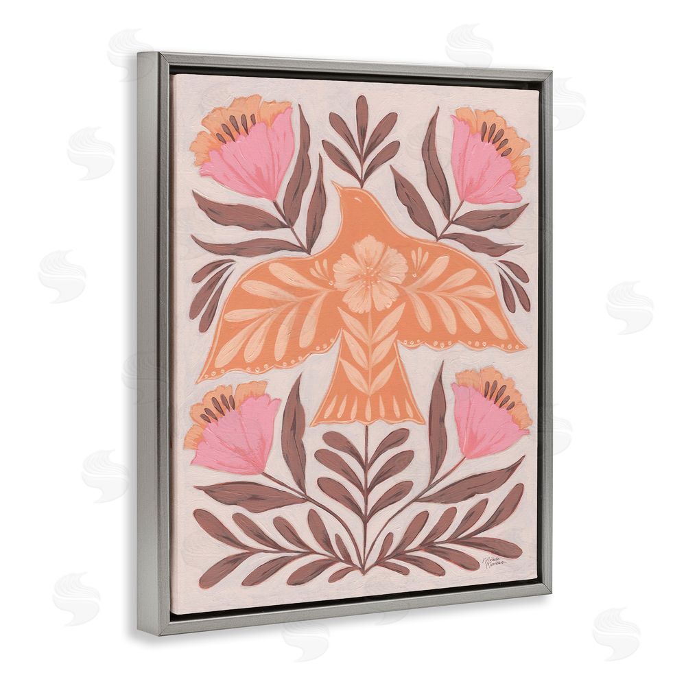 Michele Norman Coral Bird In Floral Flight Gray Floating Frame Canvas Wall Art Print