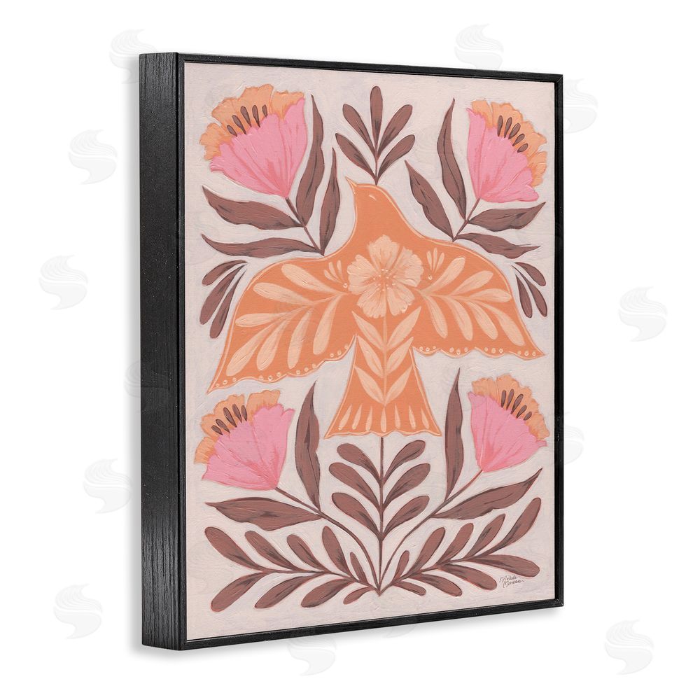Michele Norman Coral Bird In Floral Flight Black Framed Giclee Wall Art Print