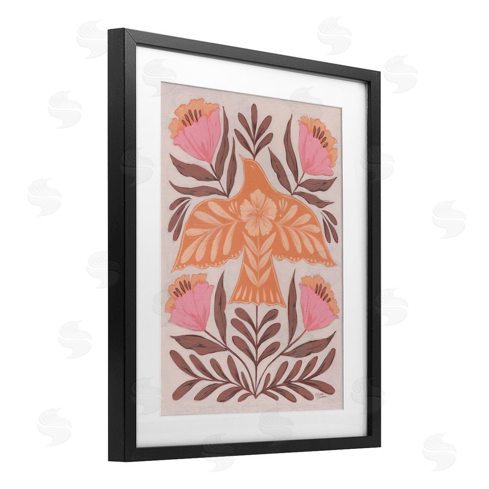 Michele Norman Coral Bird In Floral Flight Black Framed Print Under Glass Wall Art