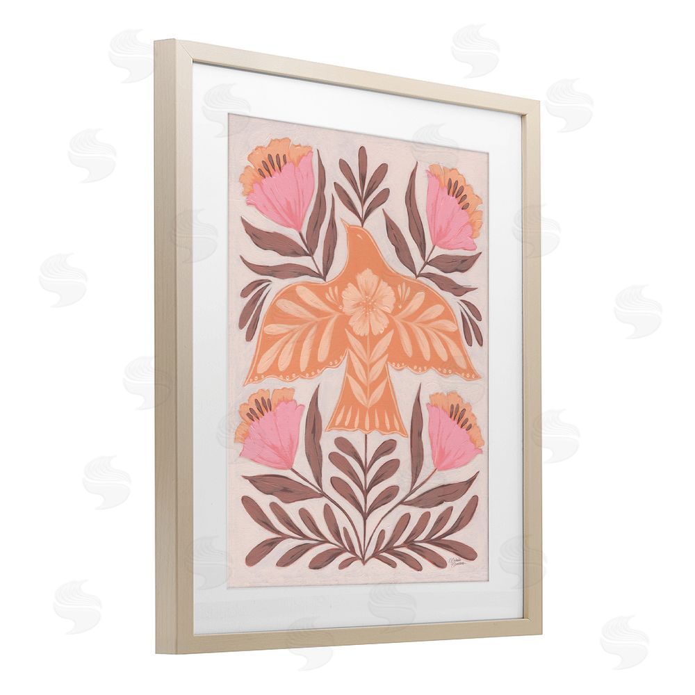 Michele Norman Coral Bird In Floral Flight Brown Framed Print Under Glass Wall Art