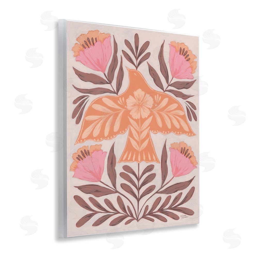 Michele Norman Coral Bird In Floral Flight Wooden Wall Plaque Art Print