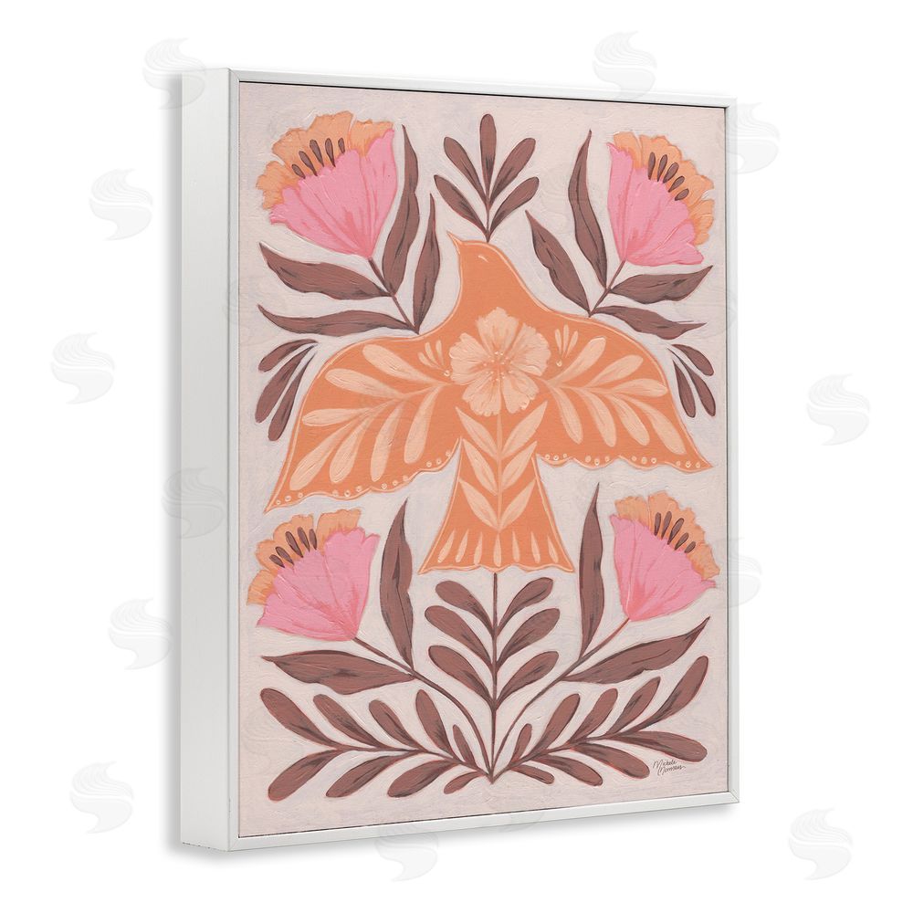Michele Norman Coral Bird In Floral Flight White Framed Giclee Wall Art Print