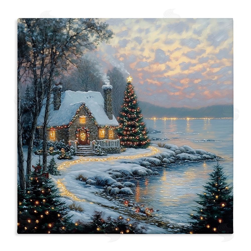 Heidi Kuntz Snowy Lit Cottage by Lake Stretched Canvas Wall Art Print