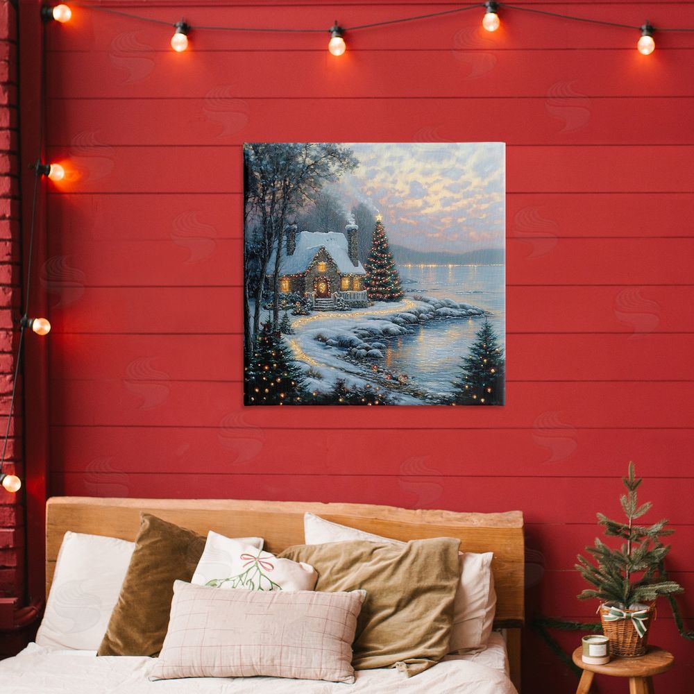 Heidi Kuntz Snowy Lit Cottage by Lake Stretched Canvas on Wall